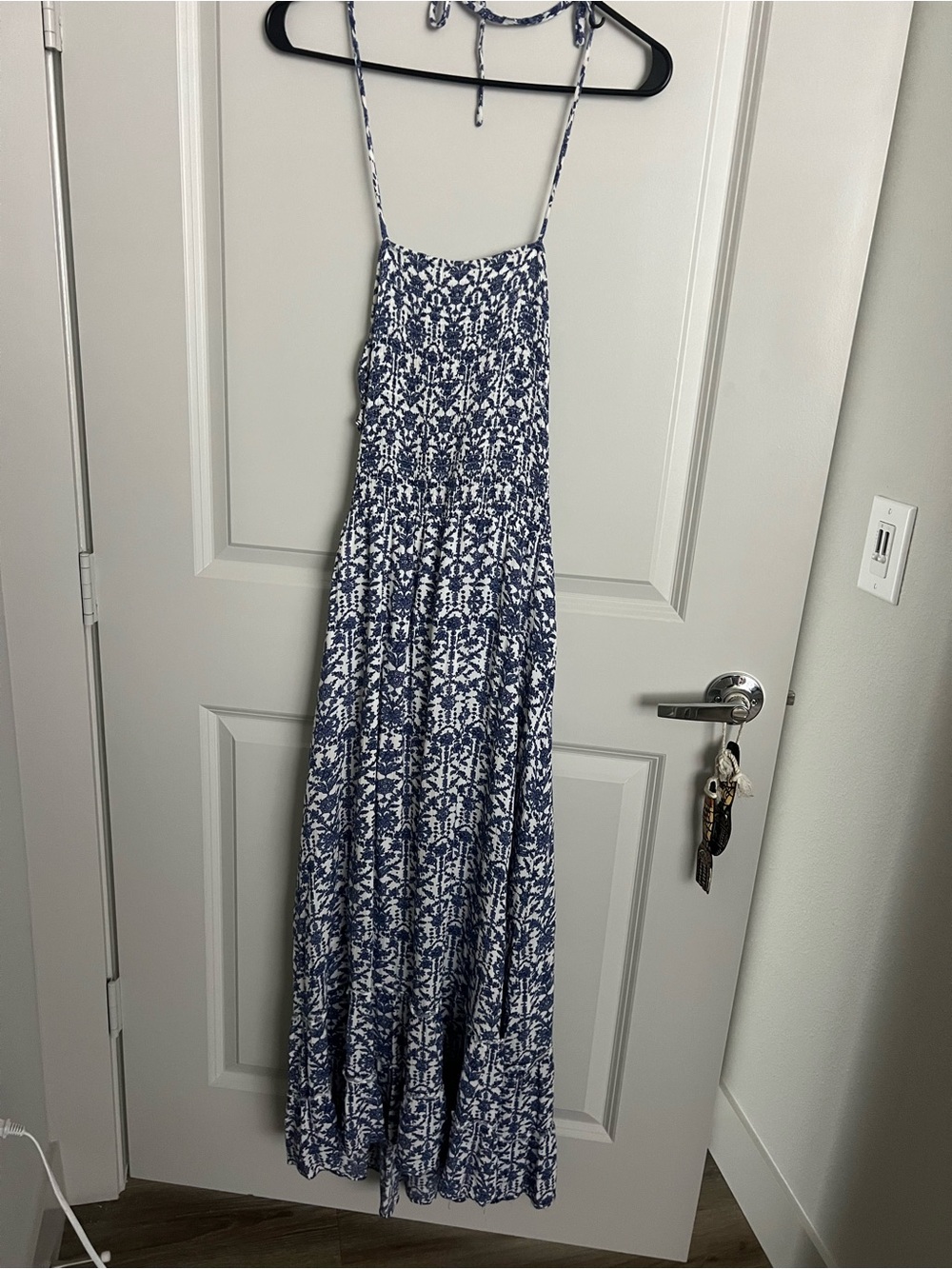 Blue & White Printed Maxi Sundress - Smocked Bodice